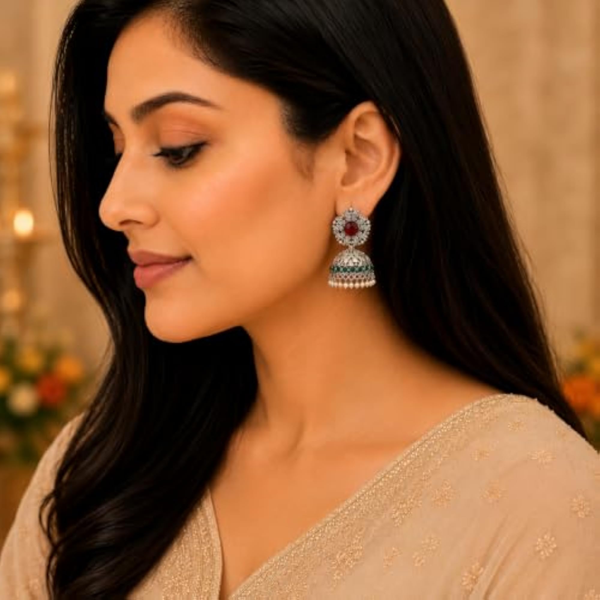 Ruby Red & Emerald Green Jhumka Earrings for Women, Traditional Design